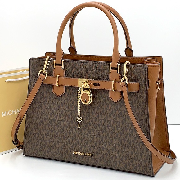 Michael Kors Hamilton Med Satchel Shoulder Crossbody Bag Luggage/Brown Signature - Picture 2 of 16